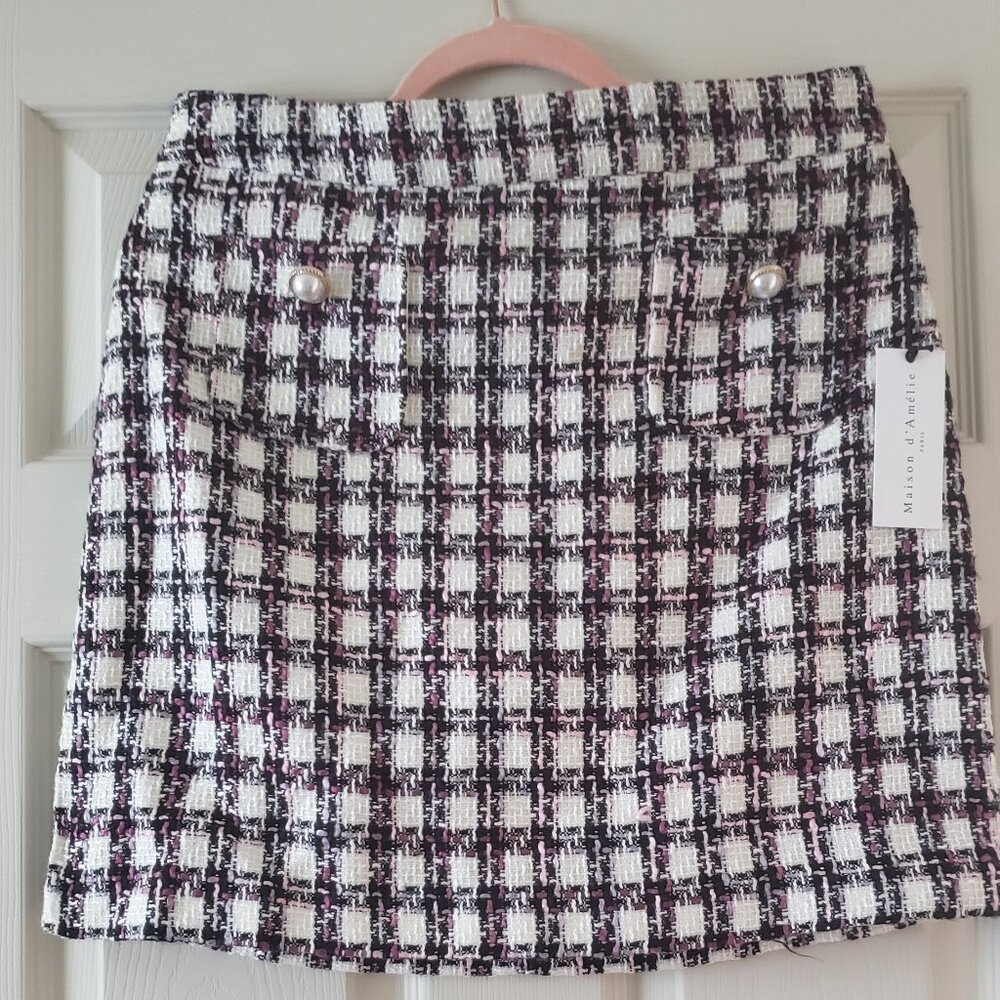 New Maison d' Amelie skirt plaid white black purple pink pattern